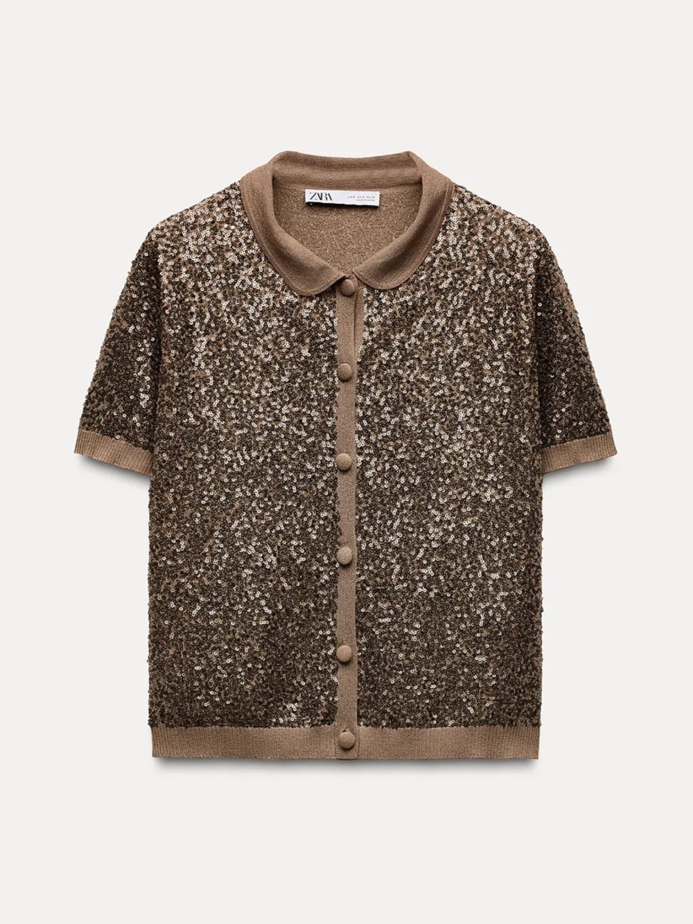 NWT Zara Copper Brown Sequin Glitter Button-Up Short-Sleeve Knit Top - Small